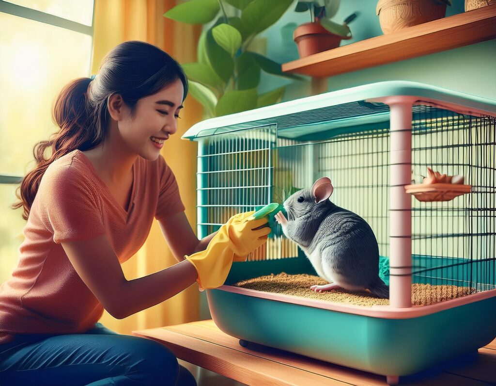 Maintaining a DIY chinchilla cage with regular cleaning, fresh bedding, and safety checks for a healthy environment. 