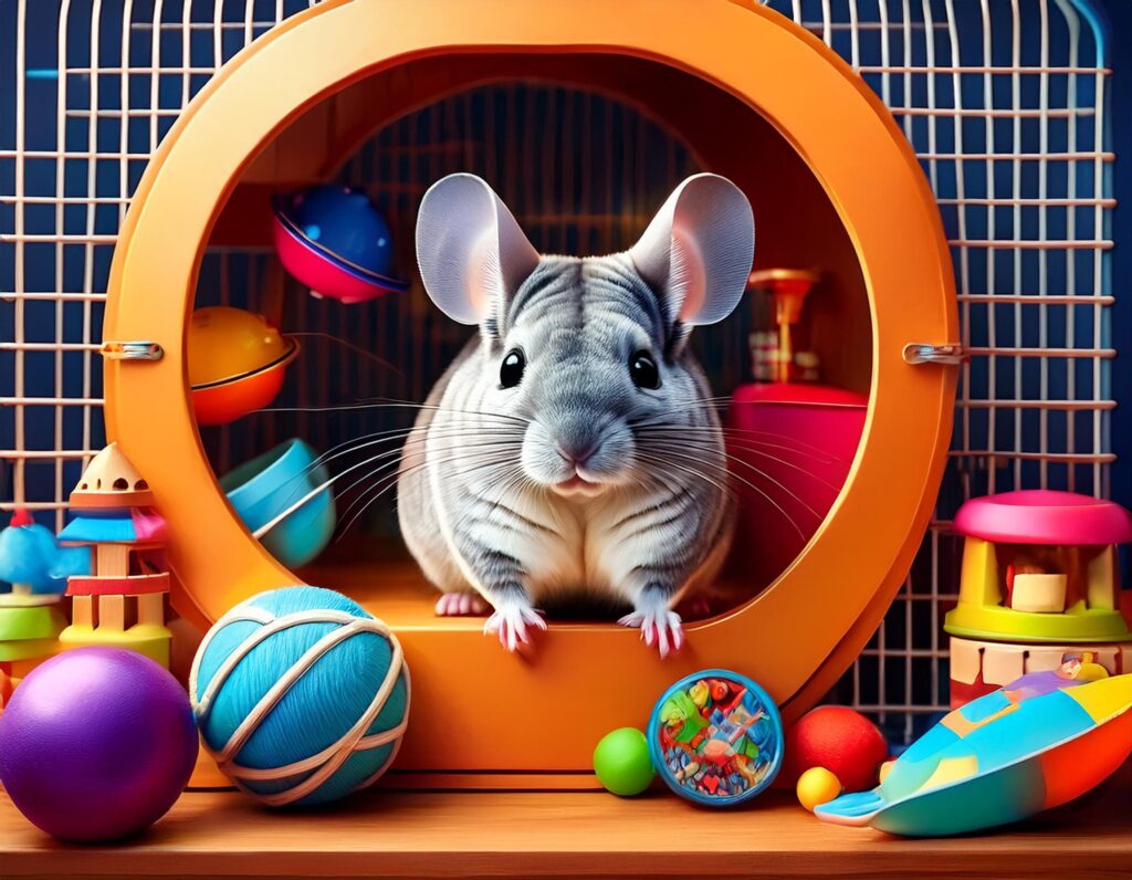 Healthy chinchilla in a well-equipped cage with toys and hiding spots
