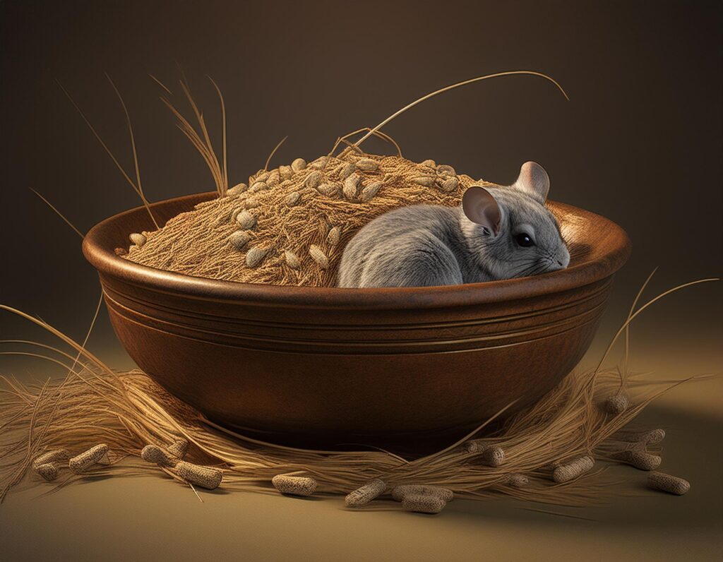 Bowl of fresh hay and chinchilla pellets for a balanced chinchilla diet
