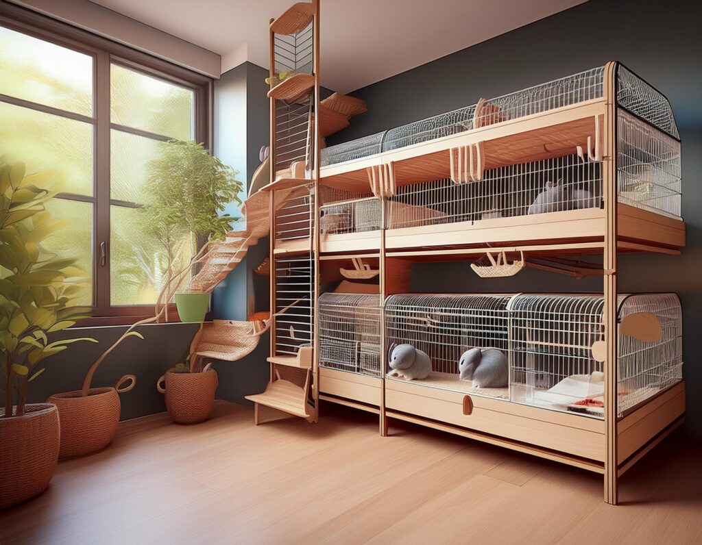 Multi-level chinchilla cage with shelves, hammock, and ventilation for optimal care