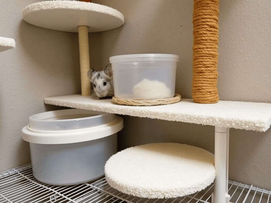 DIY chinchilla cage setup with essential items like platforms, dust bath area, and chew-proof materials.