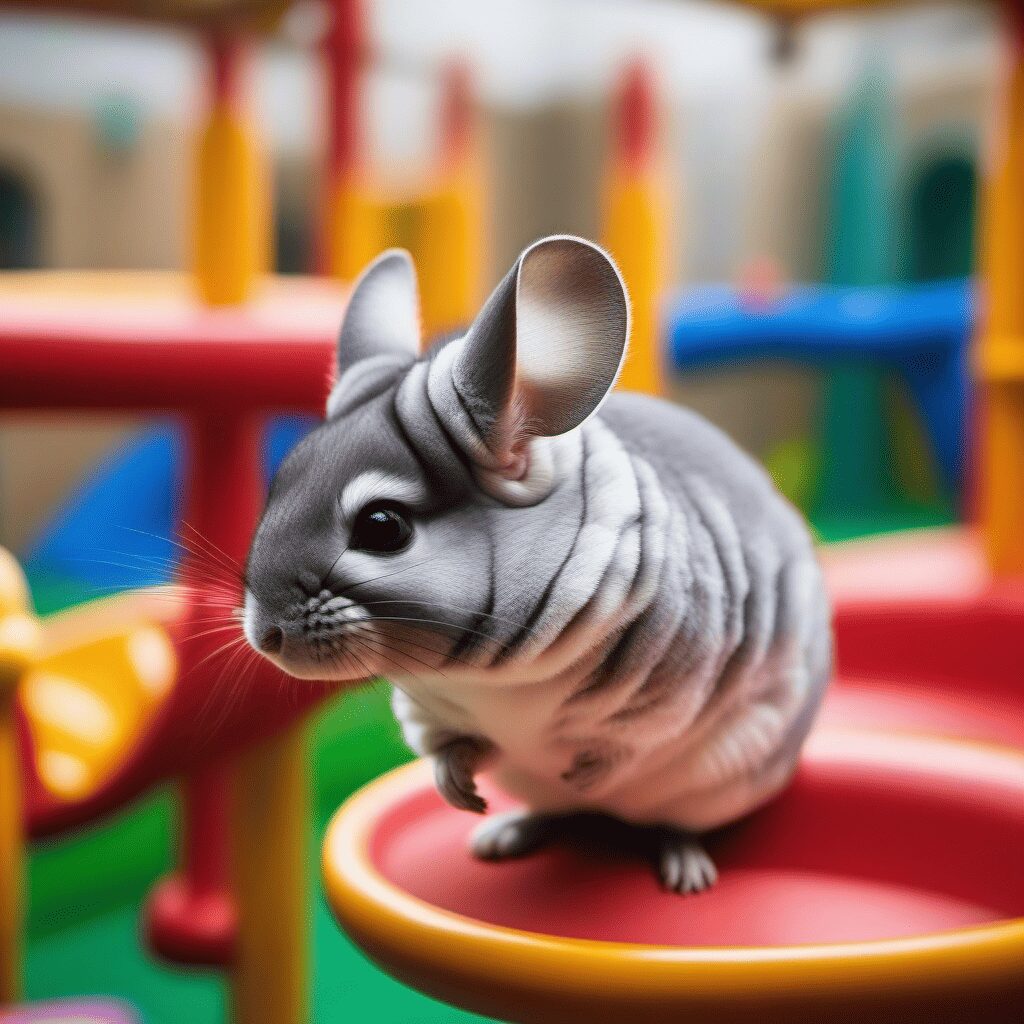 An image of a chinchilla exploring a play area with its owner nearby, representing quality bonding time.