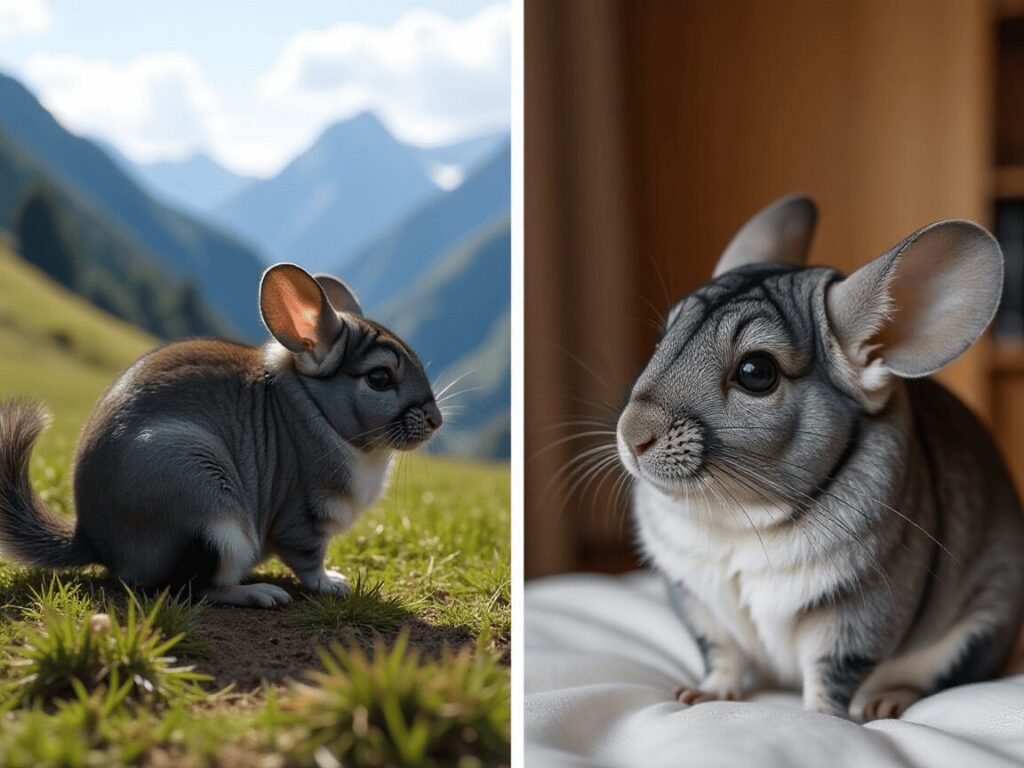 Comparison of wild chinchillas in a mountainous landscape versus a pet chinchilla in a comfortable indoor setting, illustrating lifespan differences.