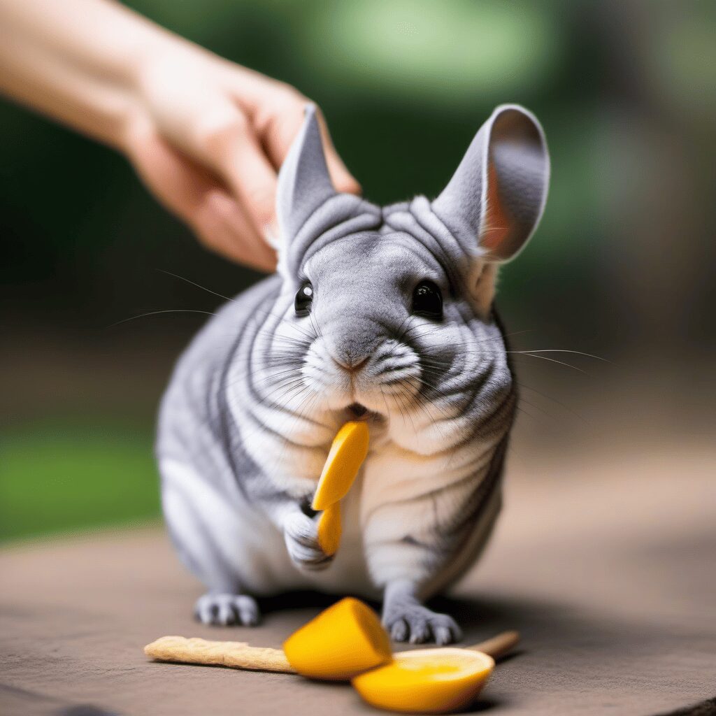 A photo of a chinchilla being fed a treat by hand, symbolizing trust-building through positive experiences.