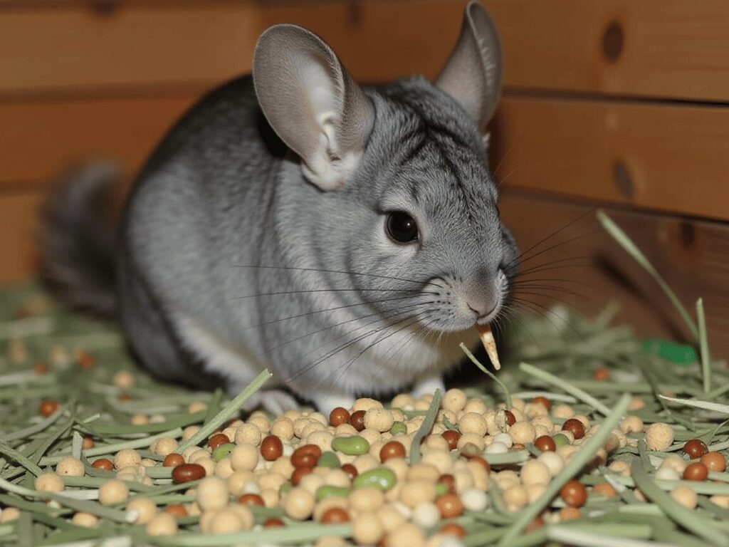 A chinchilla enjoying a healthy mix of hay, pellets, and treats—crucial for a balanced diet.