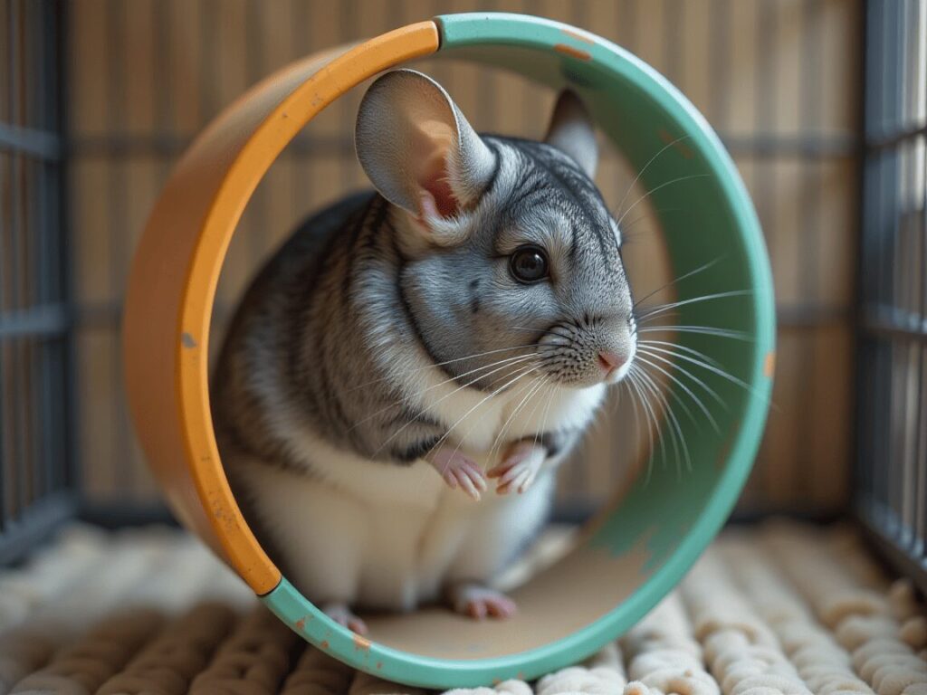 A chinchilla using a safe exercise wheel in its cage, showing the importance of physical activity for health.