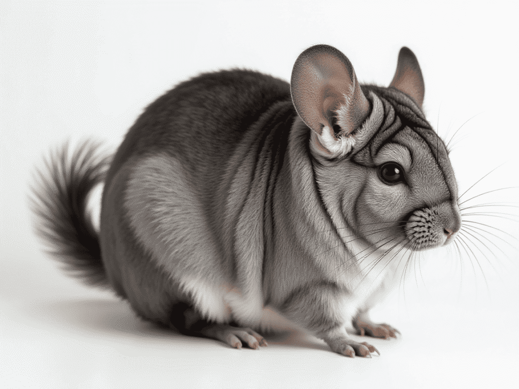 An elderly chinchilla with greying fur and slower movement, indicating common signs of aging.