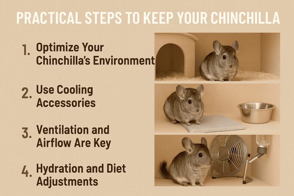 An informational image illustrating four practical methods: (1) a chinchilla in a shaded, insulated cage for environment optimization, (2) cool tiles and frozen water bottles as accessories, (3) a fan and open windows to show proper airflow, and (4) a chinchilla drinking water and eating watery vegetables, showing hydration and diet tips.


