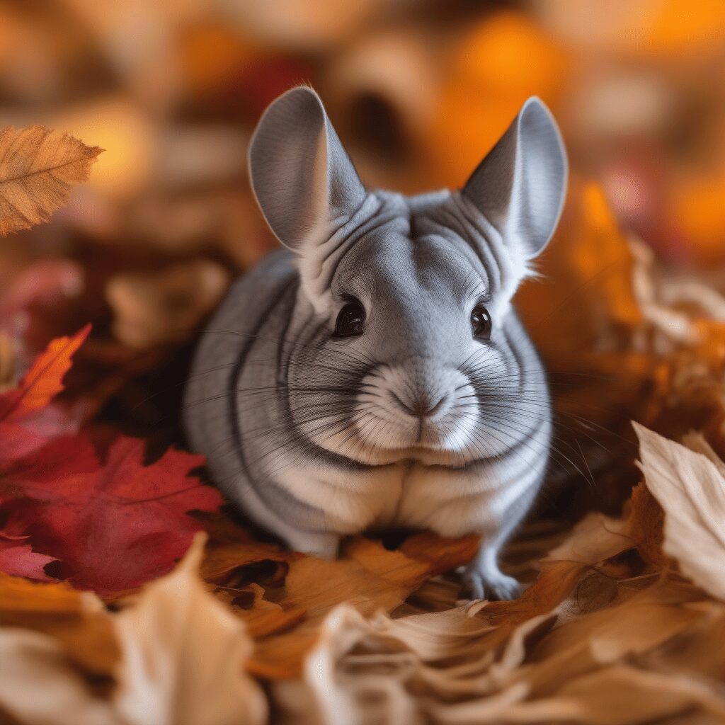 Chinchilla feeling happy and surrounded by trees leaves making it more attractive. 