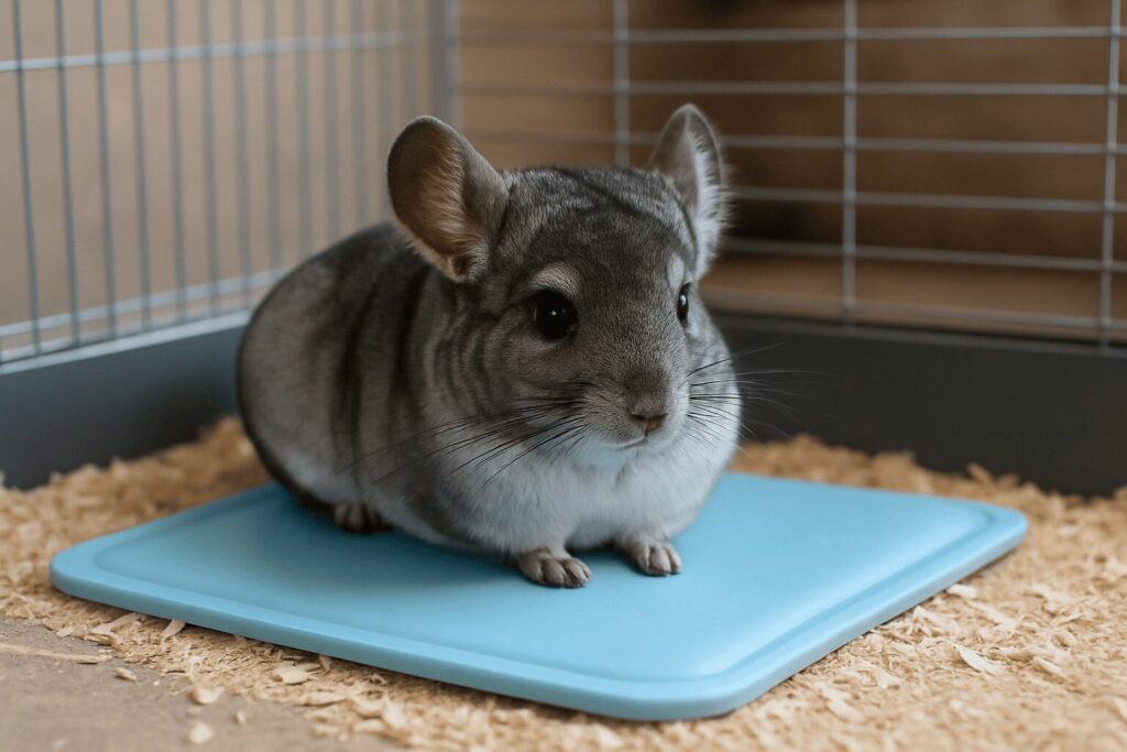 Chinchilla relaxing on a gel cooling mat to stay safe during high summer temperatures.