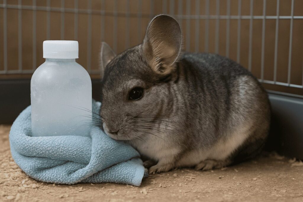 Chinchilla snuggles against a towel-wrapped frozen bottle for instant summer relief.
