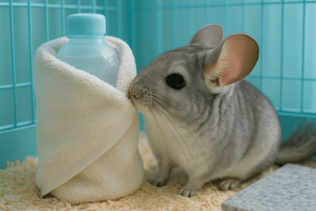 Chinchilla enjoying a DIY cooling setup with a frozen water bottle in a cozy cage. Discover practical summer care tips to keep your pet cool and happy!