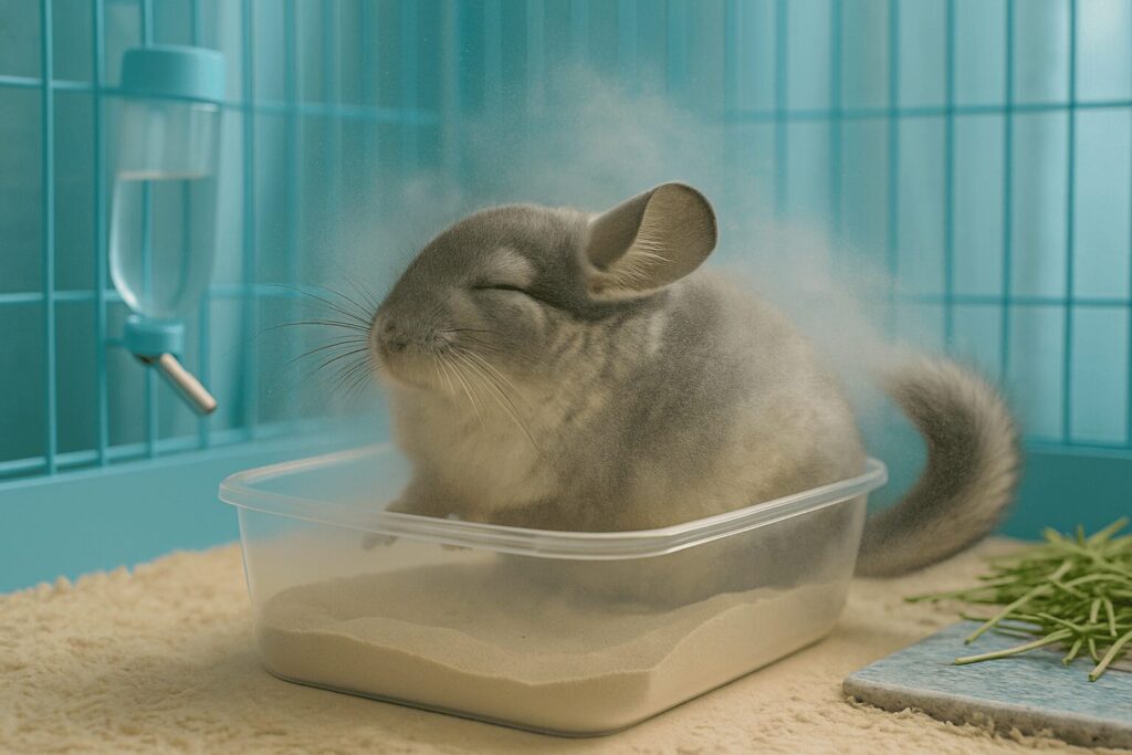 Chinchilla enjoying a dust bath in a pet-safe container, a key summer care routine. Learn how to keep your chinchilla’s fur healthy in warm weather!