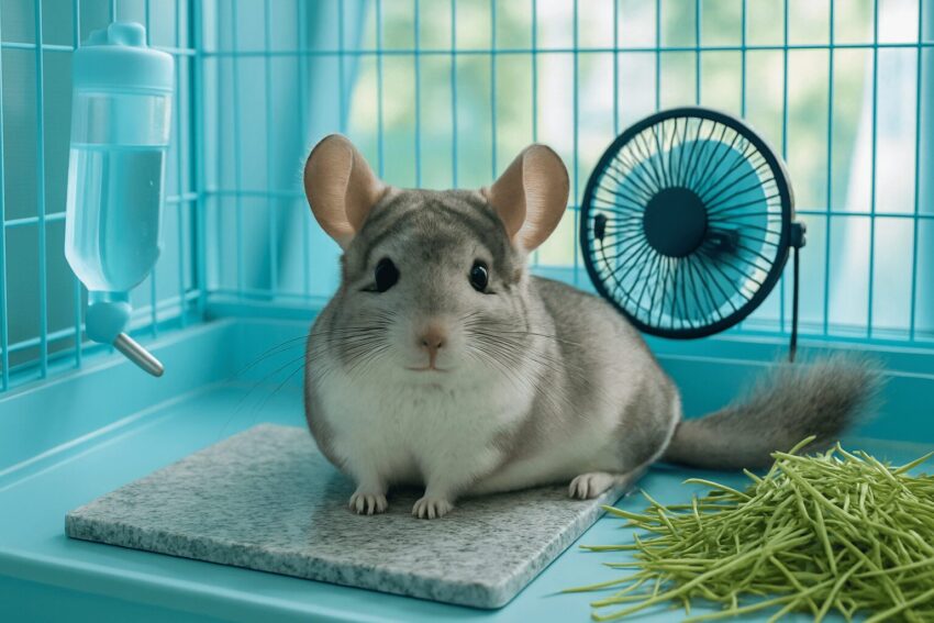 Happy chinchilla staying cool on a granite tile in a well-ventilated cage, showcasing essential summer care tips for pet owners. Learn how to keep your chinchilla comfortable!