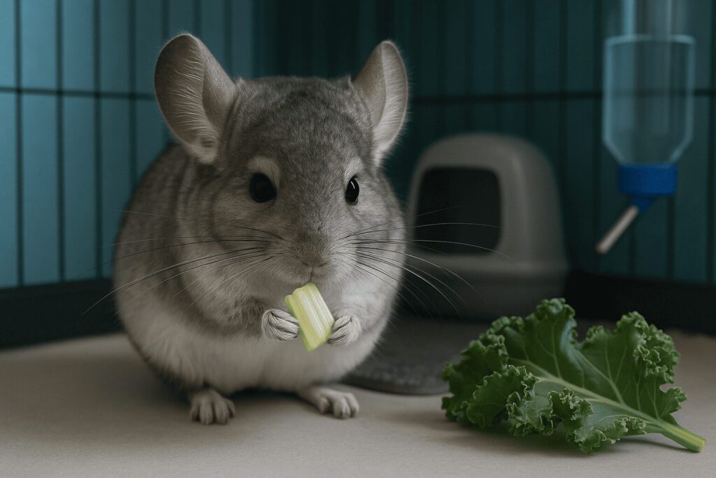 A chinchilla enjoys a refreshing, low-sugar celery treat, ideal for safe summer snacking and chinchilla care.