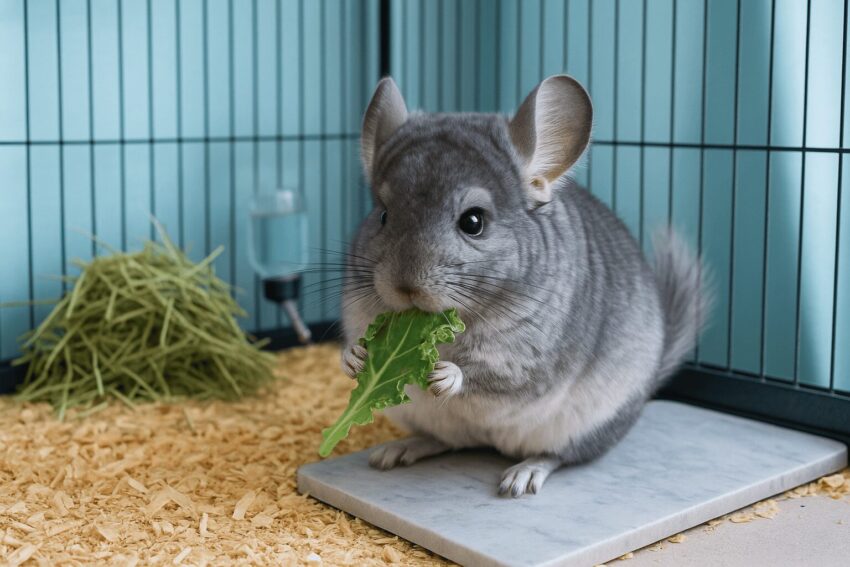 A chinchilla enjoys a summer-friendly diet of Timothy hay and kale in a cool, comfortable cage, showcasing ideal hot weather pet care.