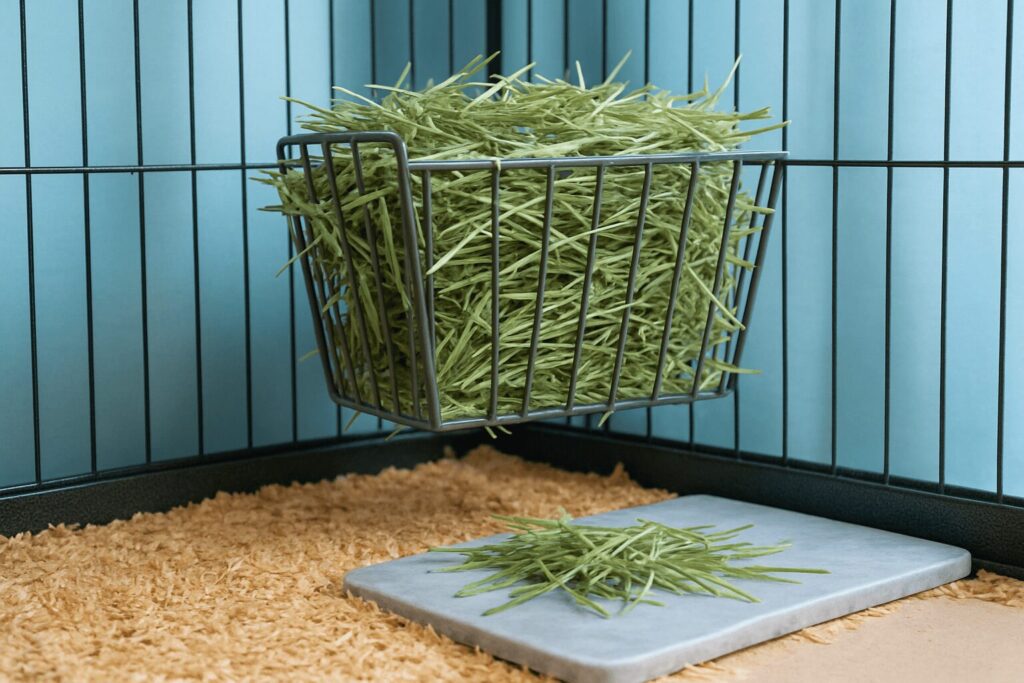 Fresh Timothy hay in a chinchilla’s cage promotes healthy digestion and dental care, perfect for summer chinchilla diets.